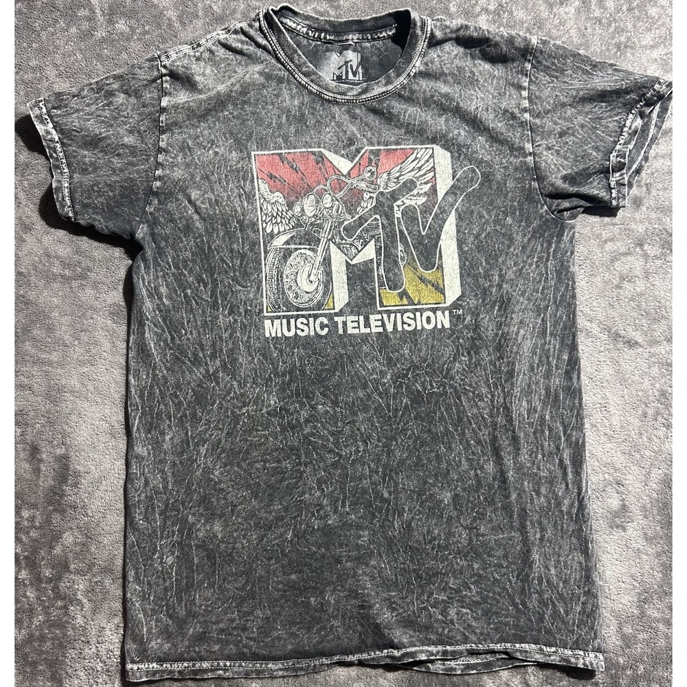 MTV Music Television Classic Motorcycle Logo Men's Black Acid Wash Size S